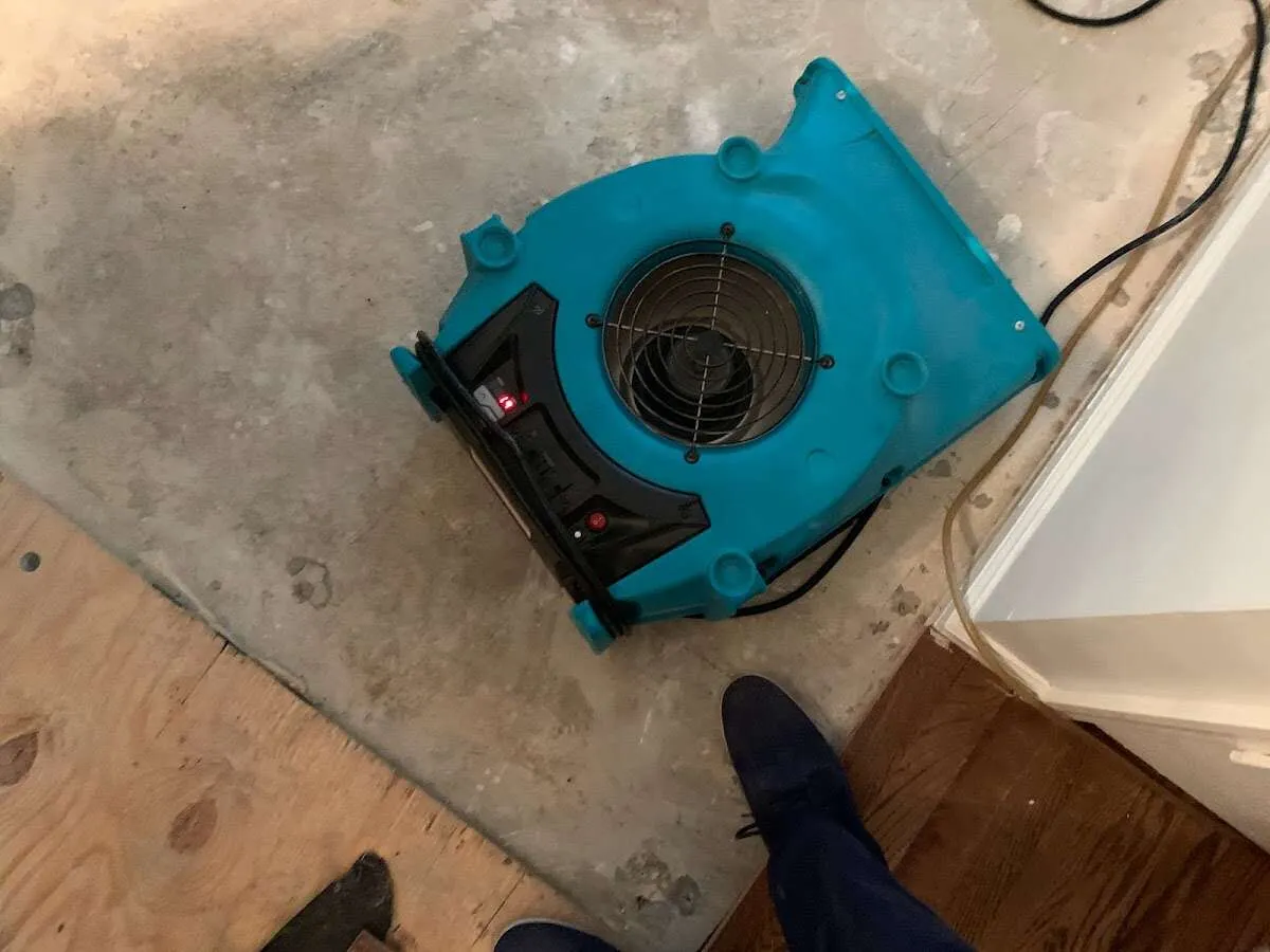 Air mover drying subfloor during Commercial Water Damage Restoration in Martinez
